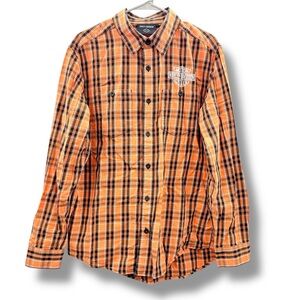 Harley Davidson Plaid Button Down Shirt Men’s Size Medium Orange Screamin’ Eagle